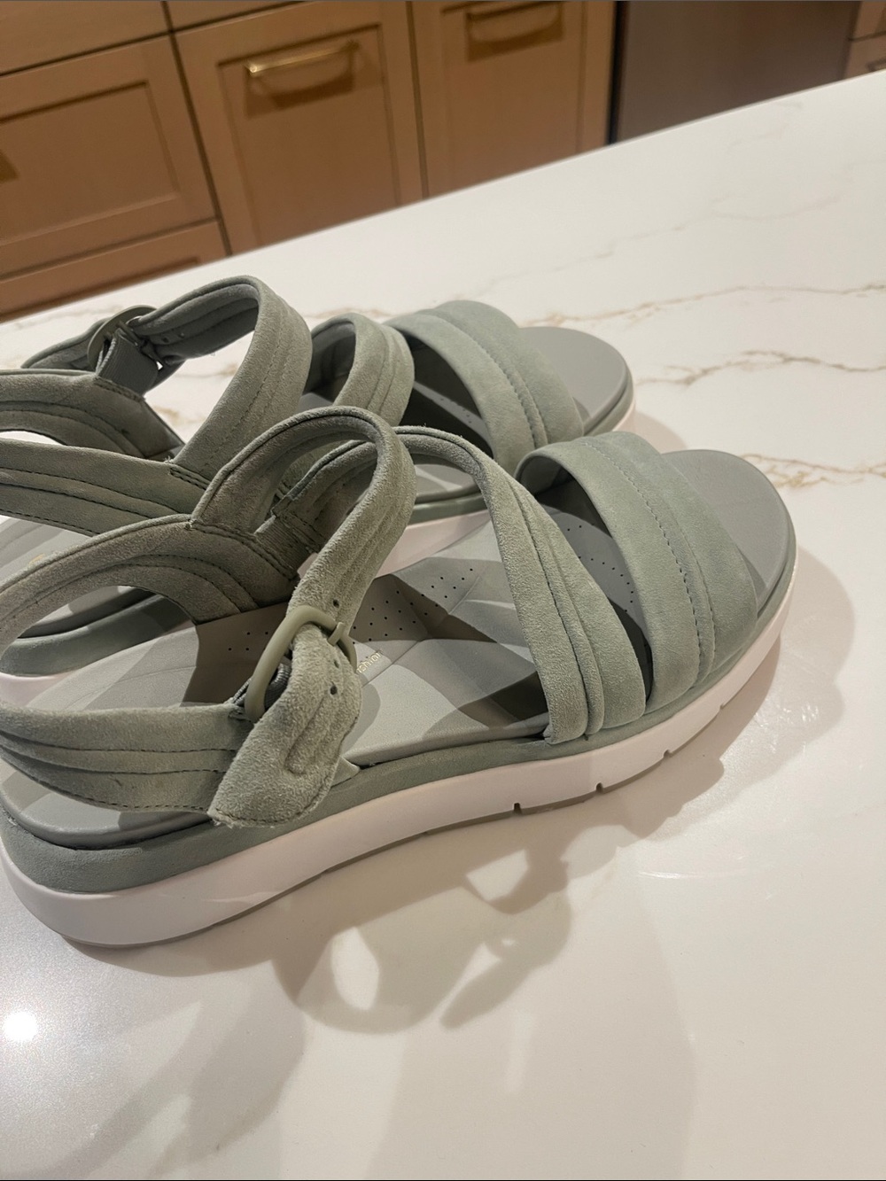 Clarks Strappy Sandal in Sage Green with White Sole